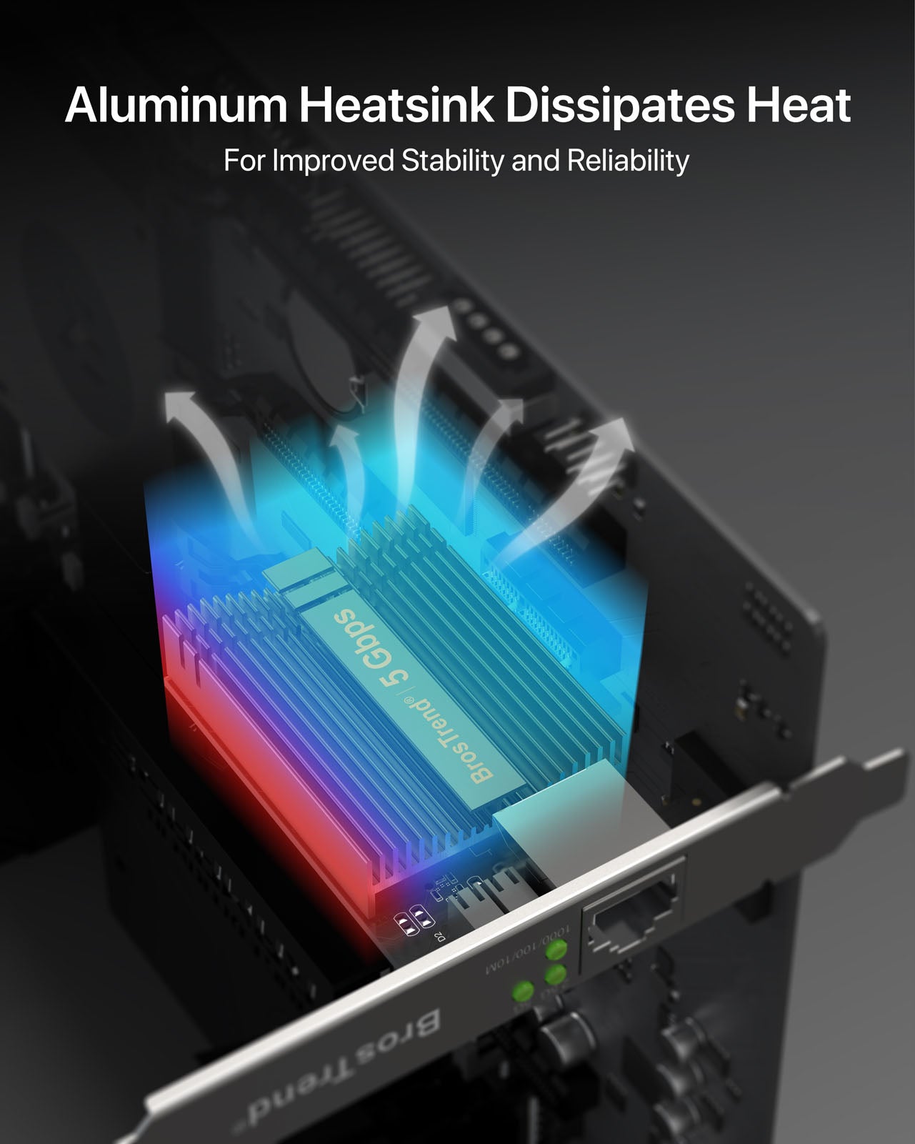 5 Gbps PCIe Network Card Optimizes Heat Dissipation with Aluminum Heatsink Ensuring Consistent Performance and Reliability