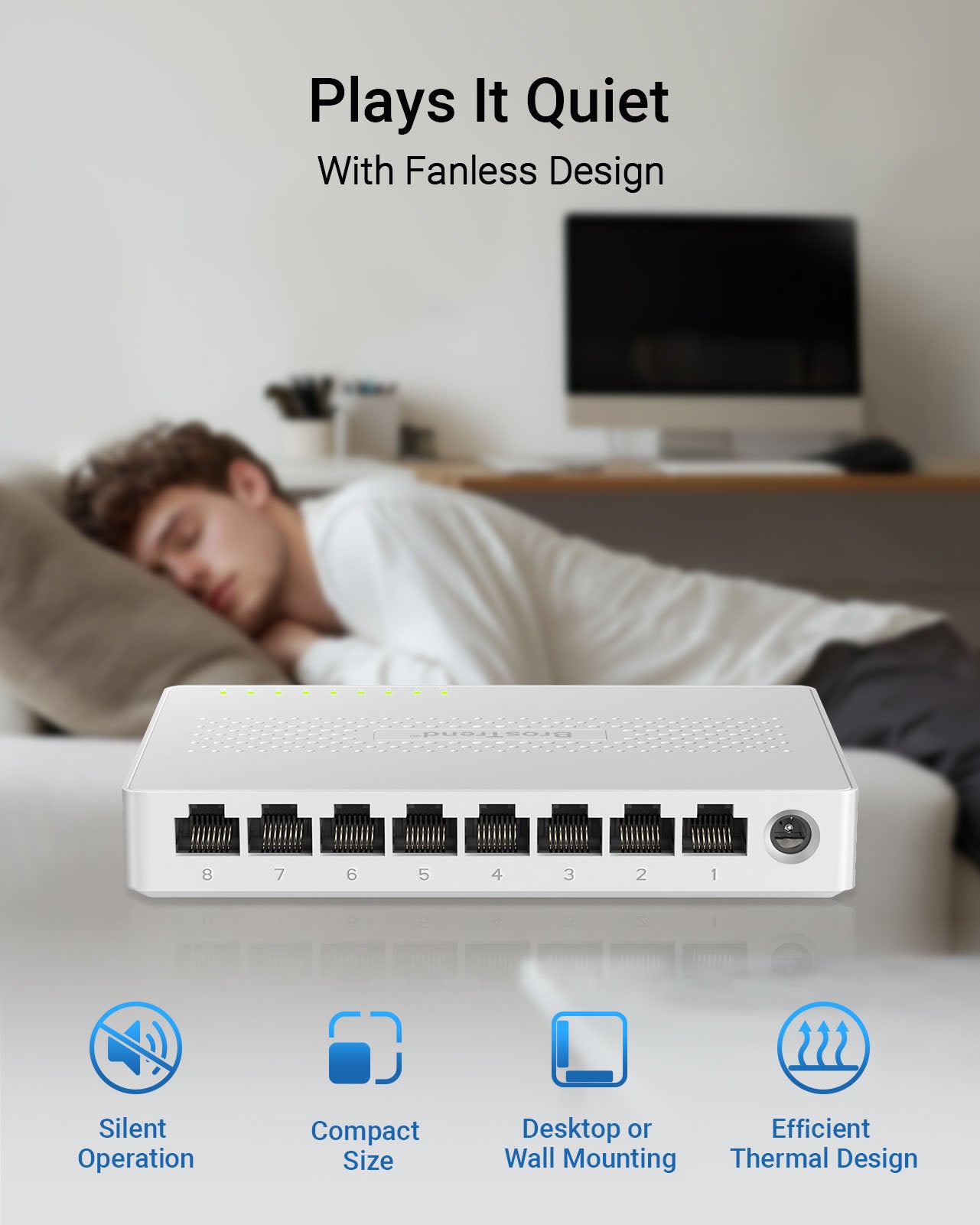 BrosTrend 2.5Gb Switch, 8 Port Network Switch 2.5 Gigabit, Unmanaged Ethernet Switch for Game Console, NAS, PC, Computer Networking Switch Plug & Play Fanless, Desktop Wall Mount, Lifetime Protection