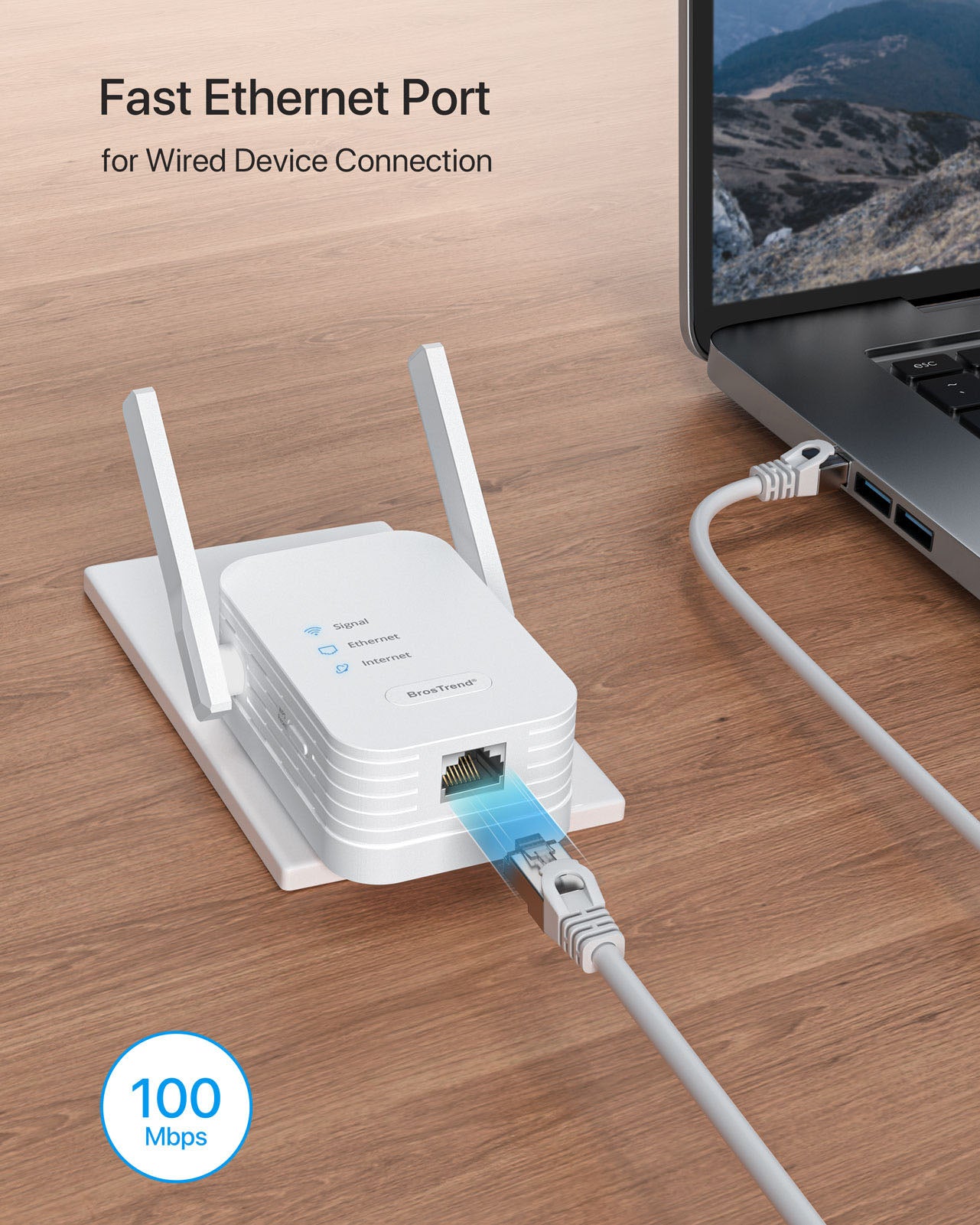 BrosTrend 300Mbps WiFi to Ethernet Adapter Wireless Bridge Comes with 100Mbps Standard RJ45 Fast Ethernet LAN Port