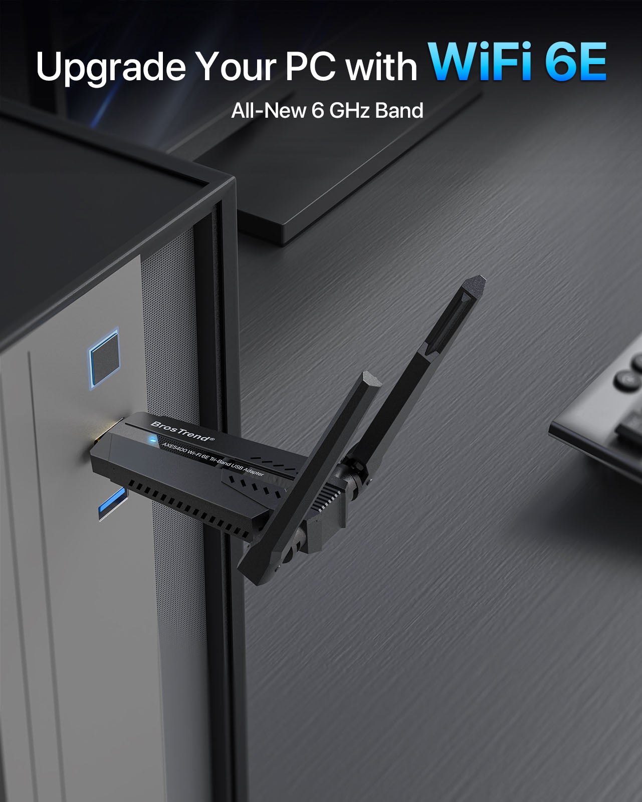 BrosTrend AXE5400 Wi-Fi 6E Tri-band USB Adapter Is Plugged into a USB Port of a Computer It Upgrades Desktop and Laptop PCs by Supporting the New 6 GHz Band