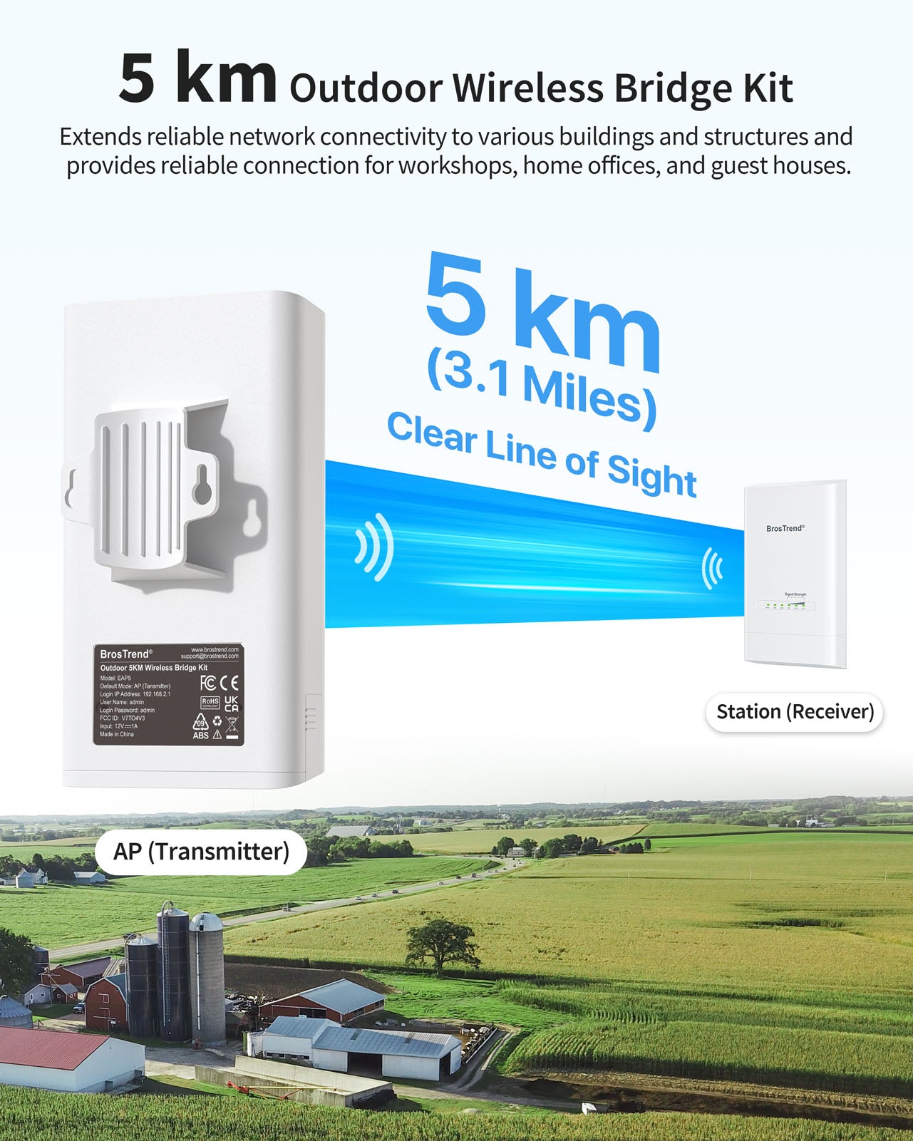 BrosTrend 5KM WiFi Bridge 2 Gigabit Port, 5GHz 867Mbps Wireless Bridge Outdoor for PtP PtMP, Long Range Point to Point, Plug & Play, Standard PoE Connection & Passive PoE Injector, for Building Garage